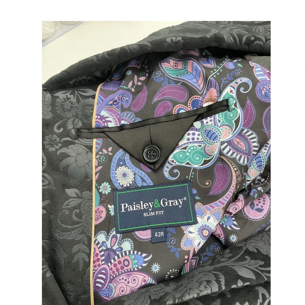 Paisley & Gray Slim Fit Black Floral Velvet Jacquard Blazer Jacket 42R NWT